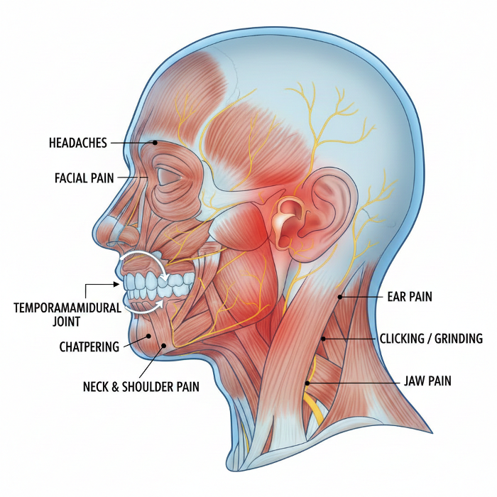 Diagram of common TMJ symptoms including jaw pain, clicking, and headaches